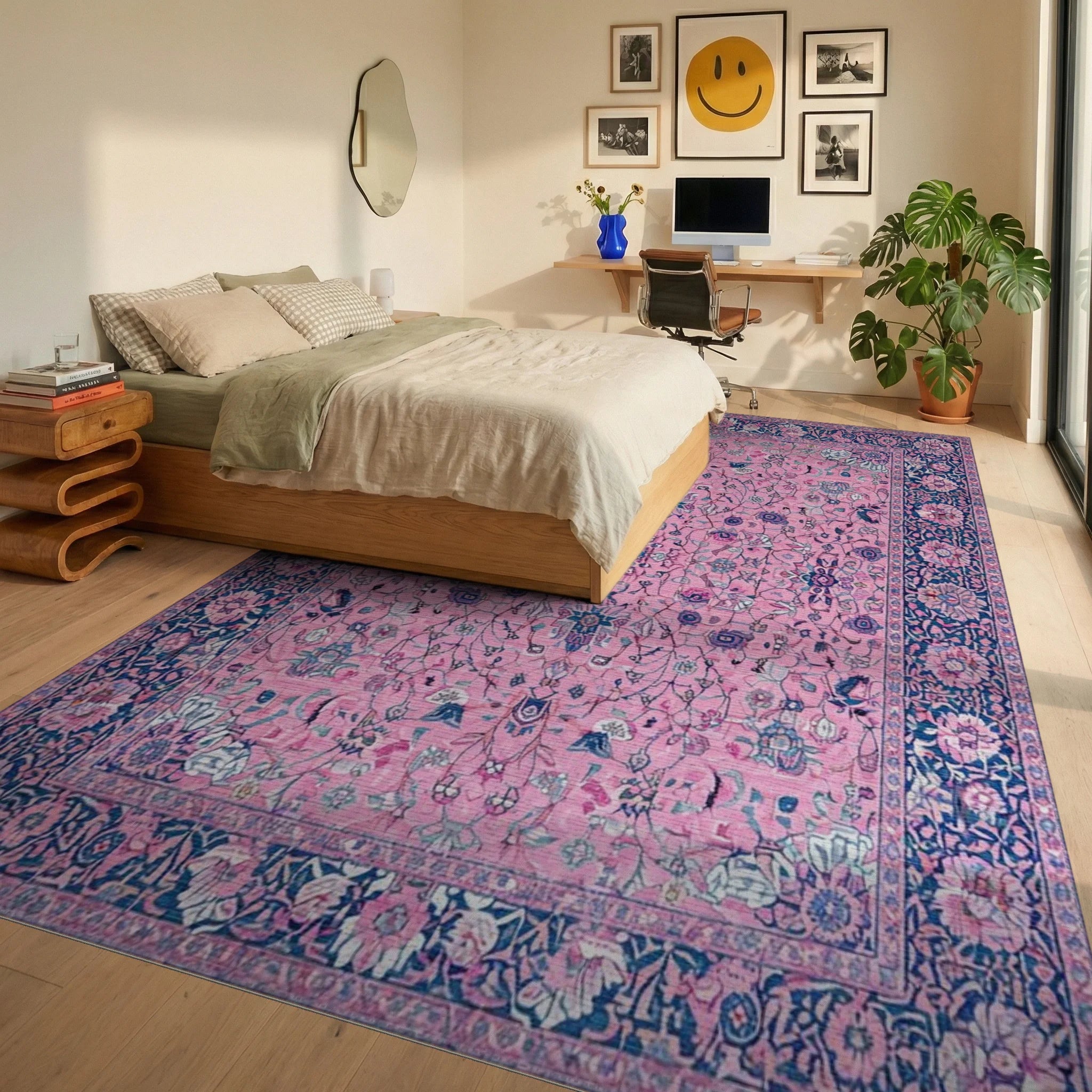 Pink Floral Medallion Indigo Border Rug - Bedroom View