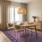 Pink Floral Medallion Indigo Border Rug - Dining Room View