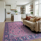 Pink Floral Medallion Indigo Border Rug - Living Room View