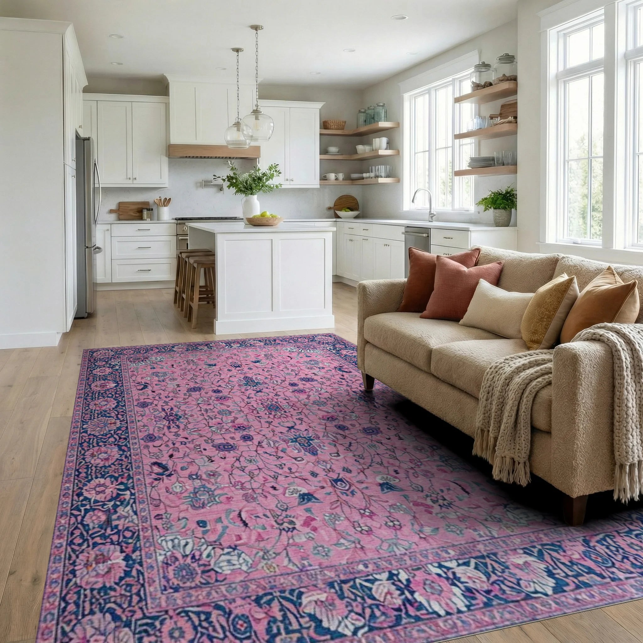 Pink Floral Medallion Indigo Border Rug - Living Room View