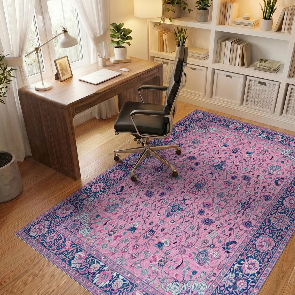 Pink Floral Medallion Indigo Border Rug - Office View