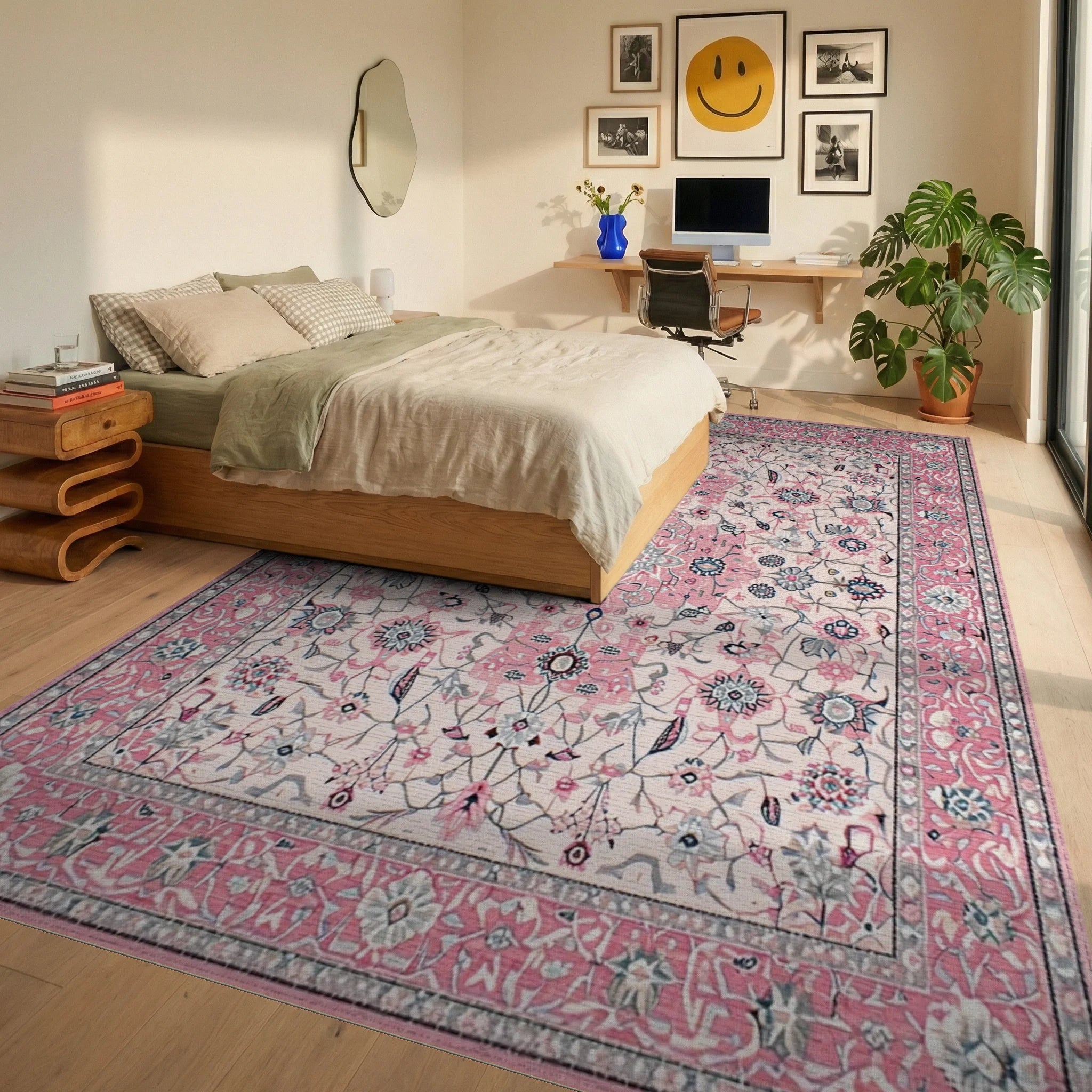 Pink Floral Medallion Vintage Inspired Rug - Bedroom View