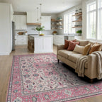 Pink Floral Medallion Vintage Inspired Rug - Living Room View