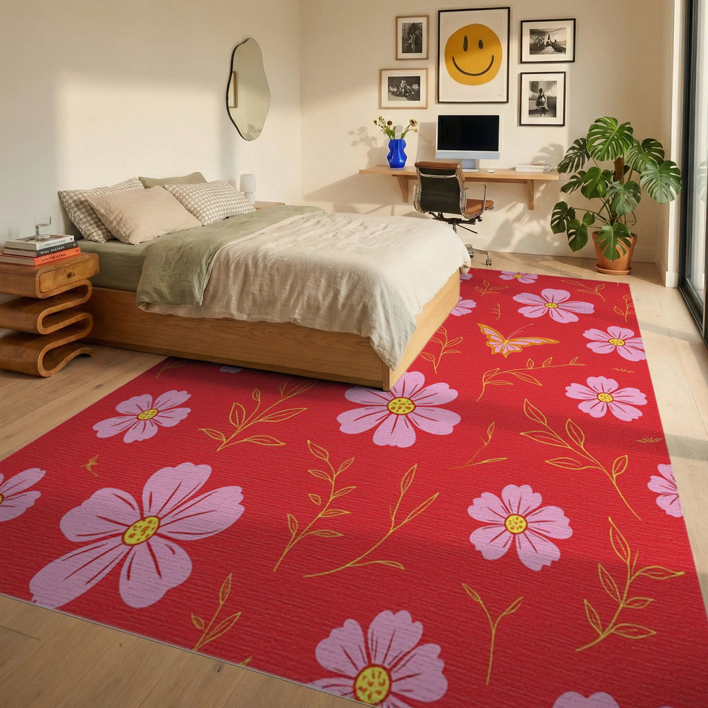Pink Floral Whimsical Butterfly Design Rug Bedroom View