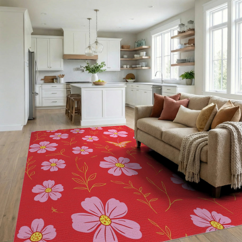 Pink Floral Whimsical Butterfly Design Rug Living Room View