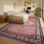 Pink Geometric Diamond Tribal Rug - Bedroom View