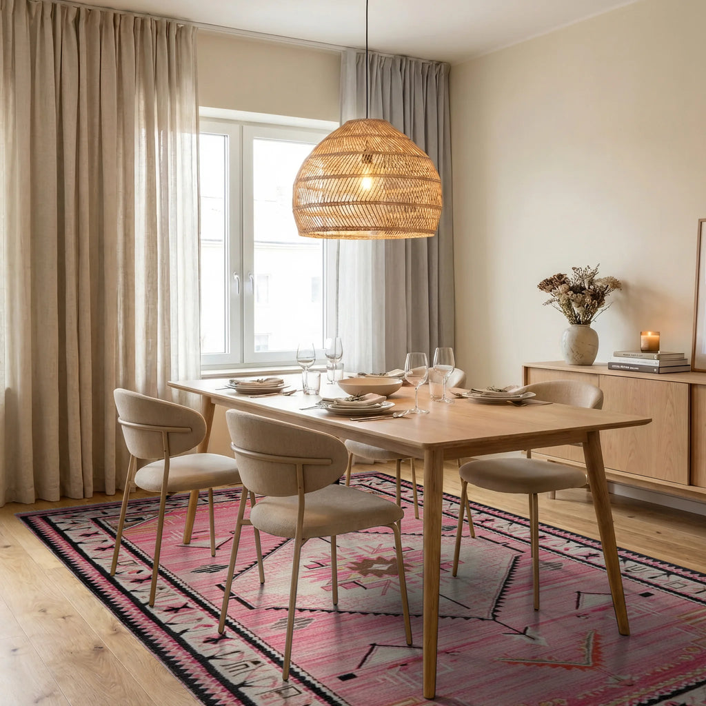 Pink Geometric Diamond Tribal Rug - Dining Room View