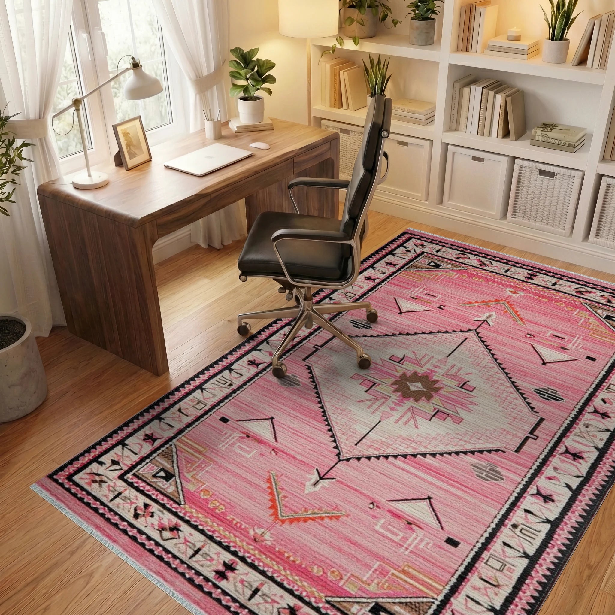 Pink Geometric Diamond Tribal Rug - Office View