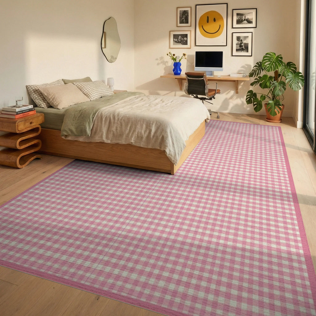 Pink Gingham Checkered Rug - Bedroom View