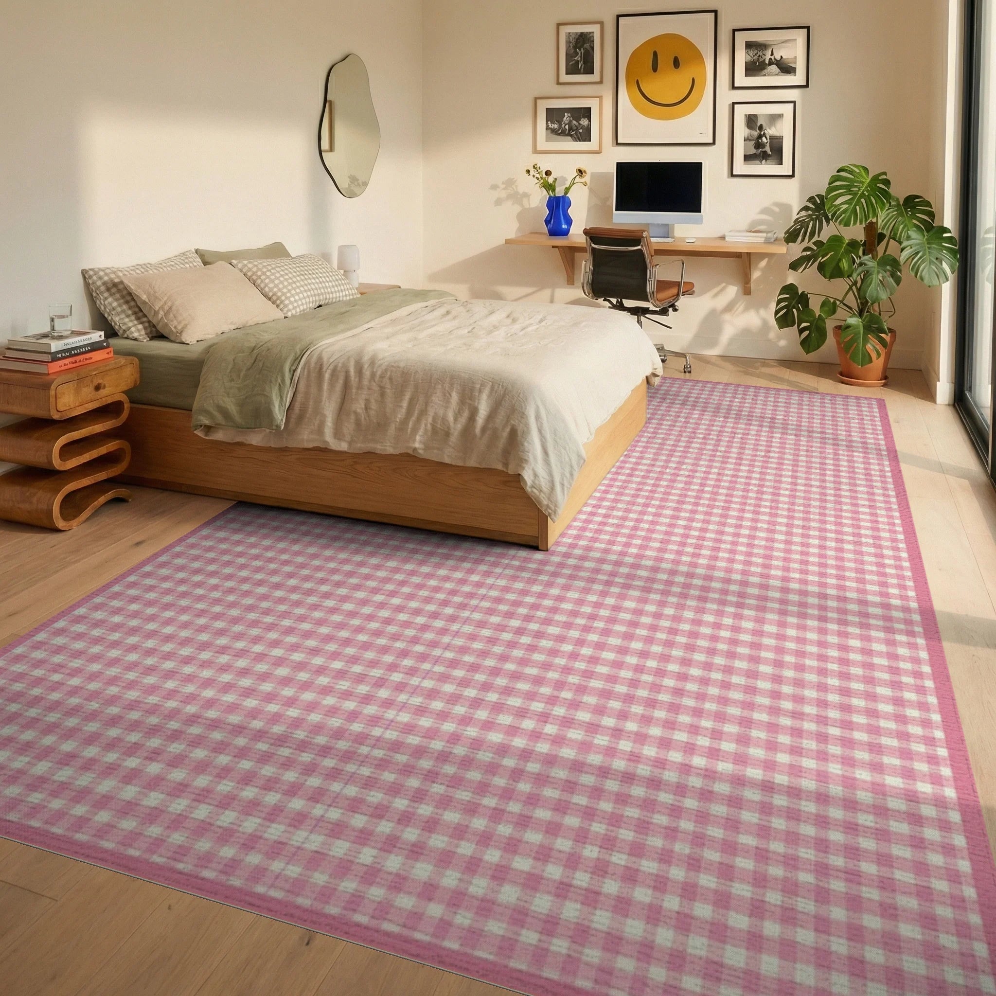 Pink Gingham Checkered Rug - Bedroom View