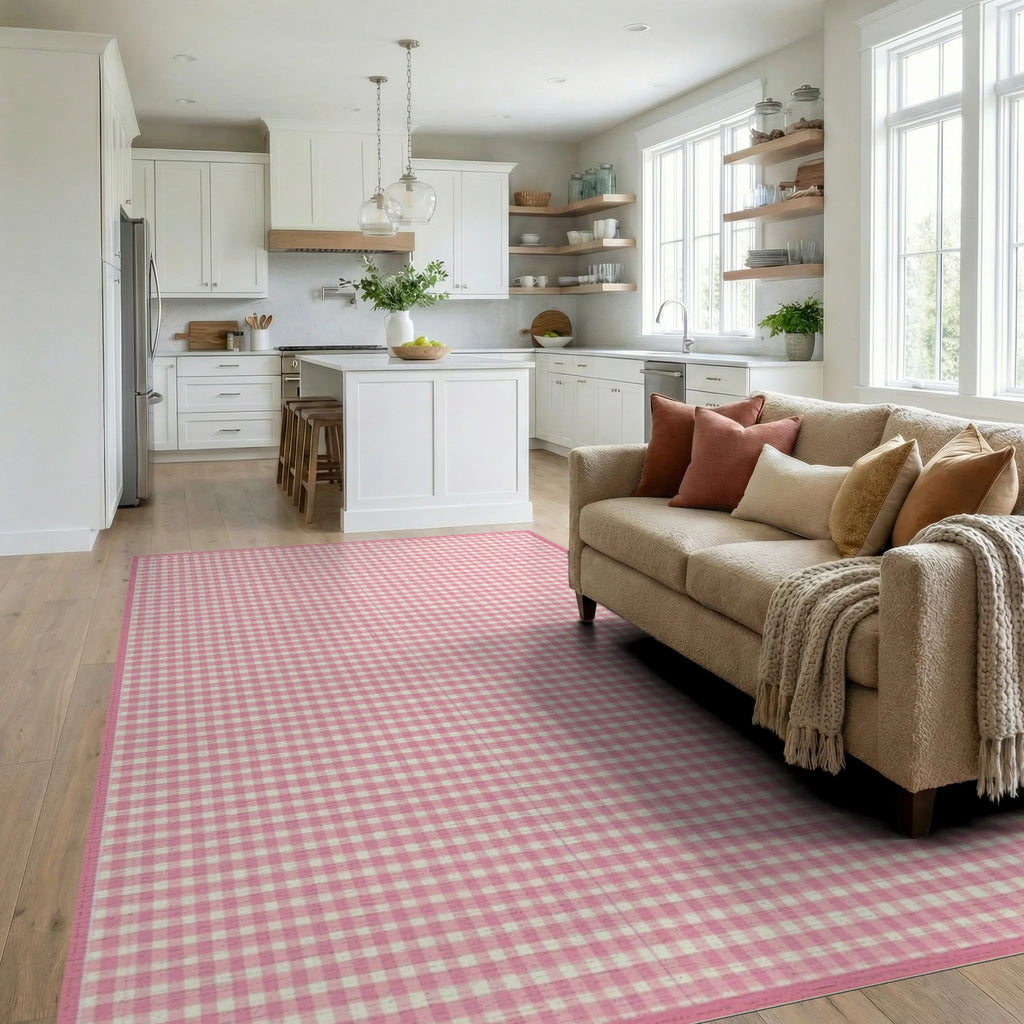 Pink Gingham Checkered Rug - Living Room View