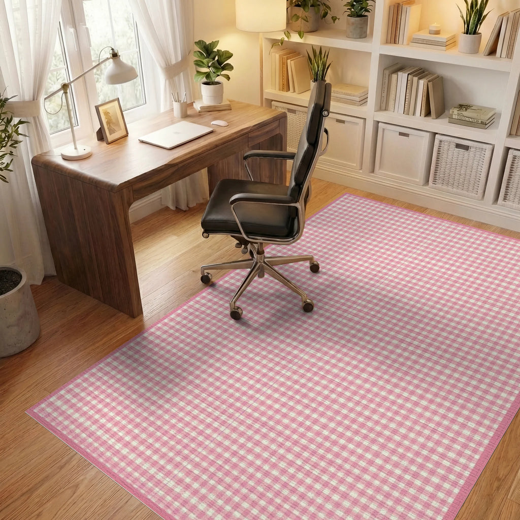 Pink Gingham Checkered Rug - Office View