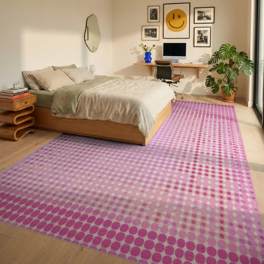 Pink Gradient Dot Abstract Rug - Bedroom View