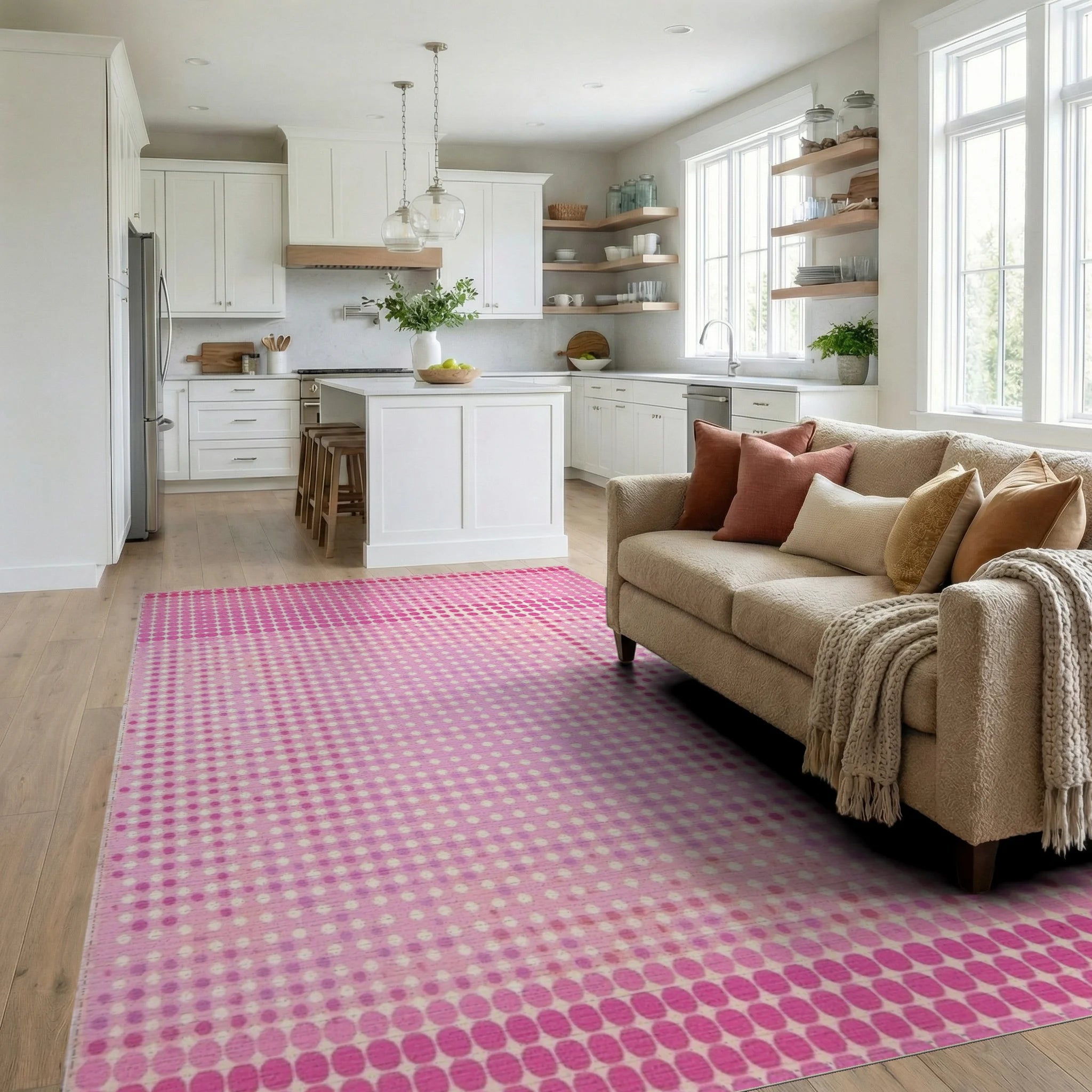 Pink Gradient Dot Abstract Rug - Living Room View