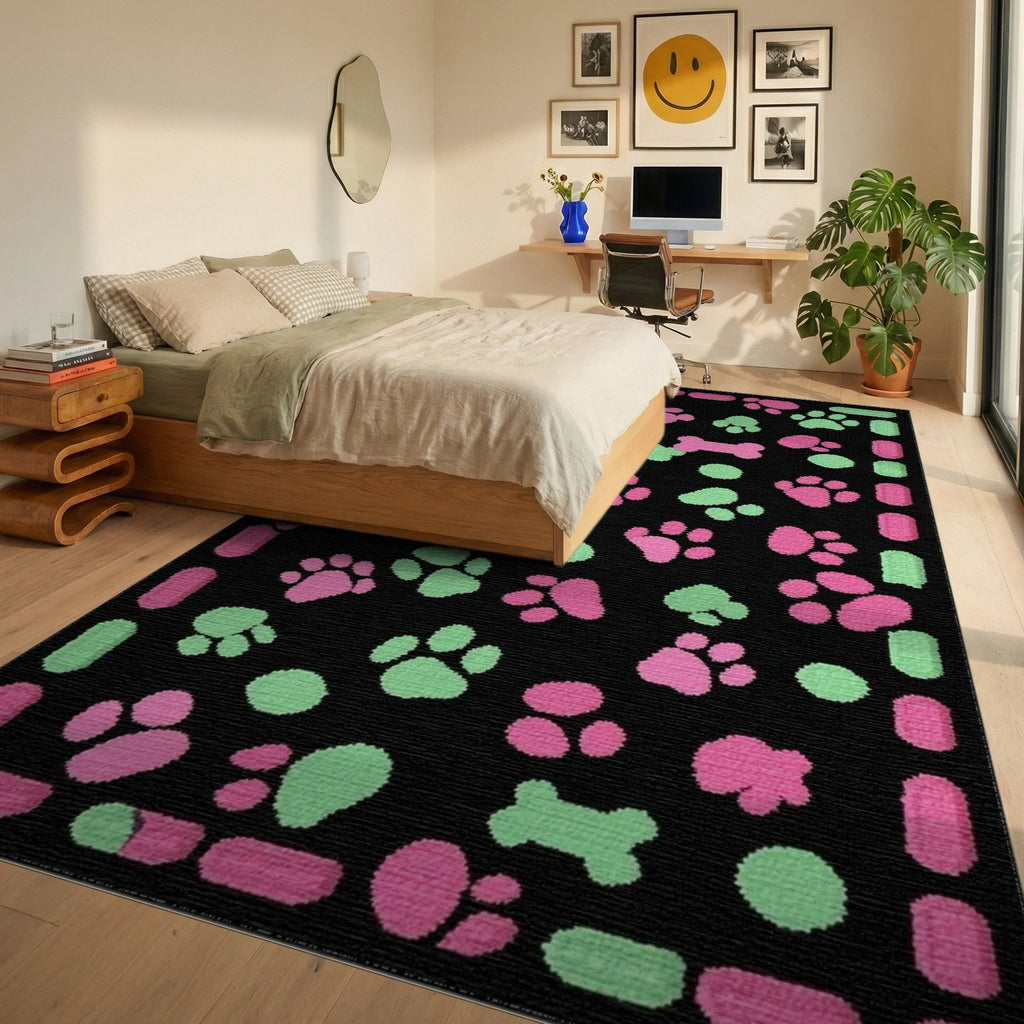 Pink Green Paw Print Bone Collection Rug - Bedroom View