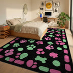 Pink Green Paw Print Bone Collection Rug - Bedroom View