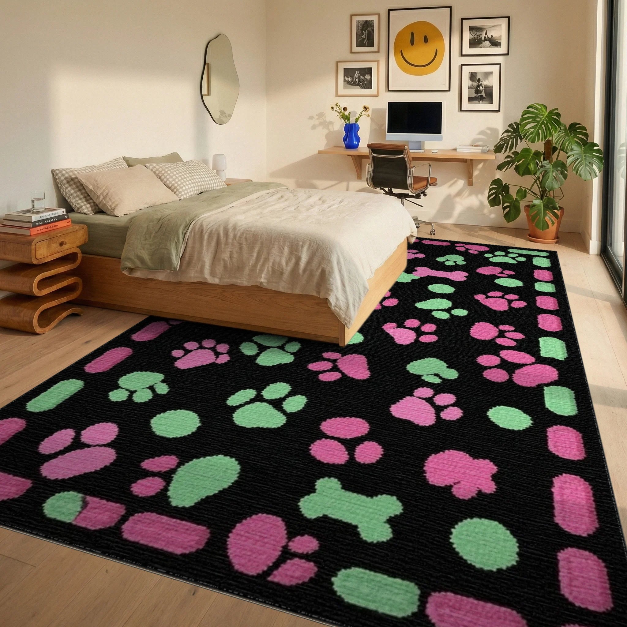 Pink Green Paw Print Bone Collection Rug - Bedroom View