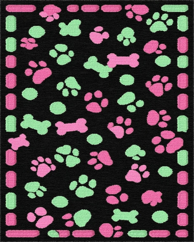 Pink Green Paw Print Bone Collection Rug - Cutout View