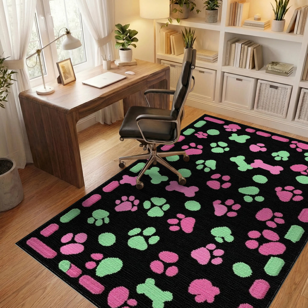 Pink Green Paw Print Bone Collection Rug - Office View