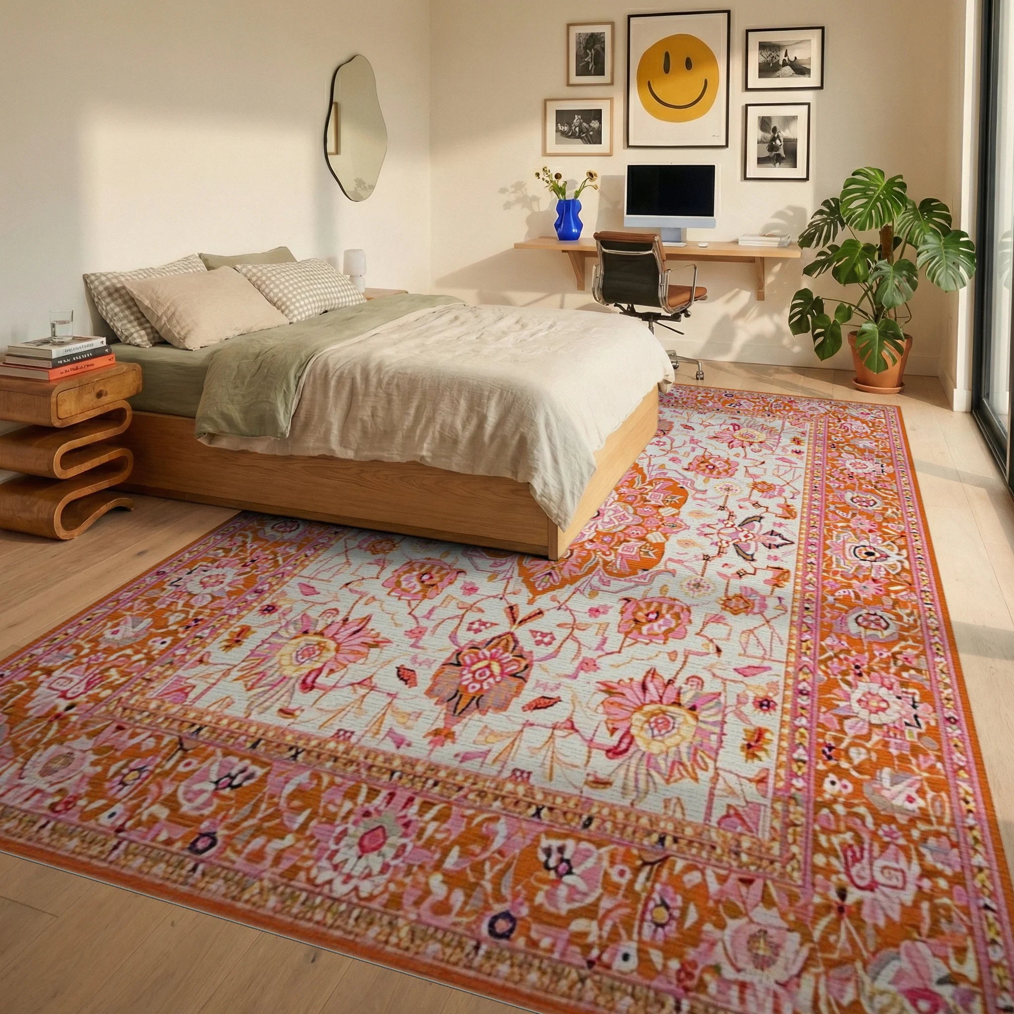 Pink Orange Floral Medallion Rug - Bedroom View
