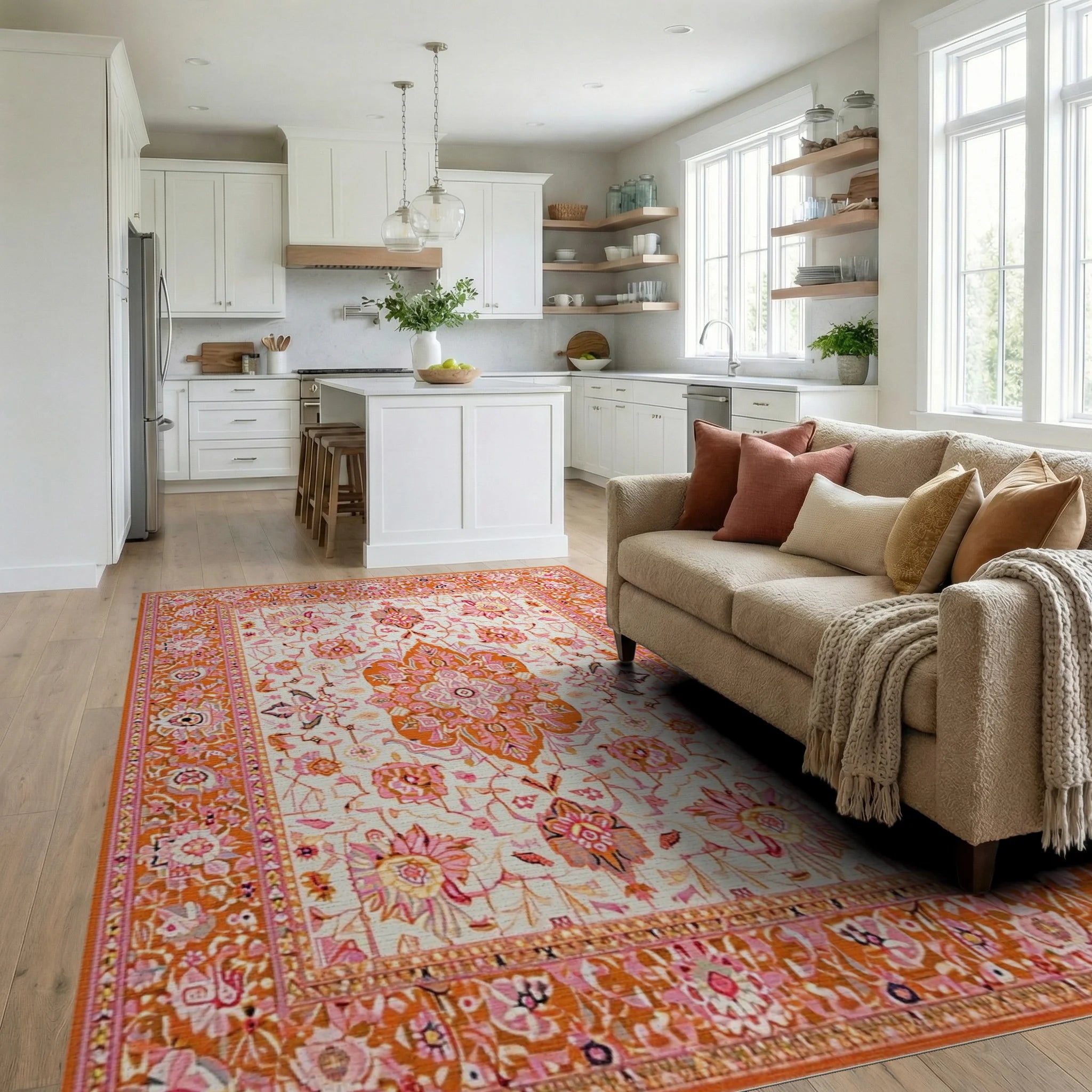 Pink Orange Floral Medallion Rug - Living Room View