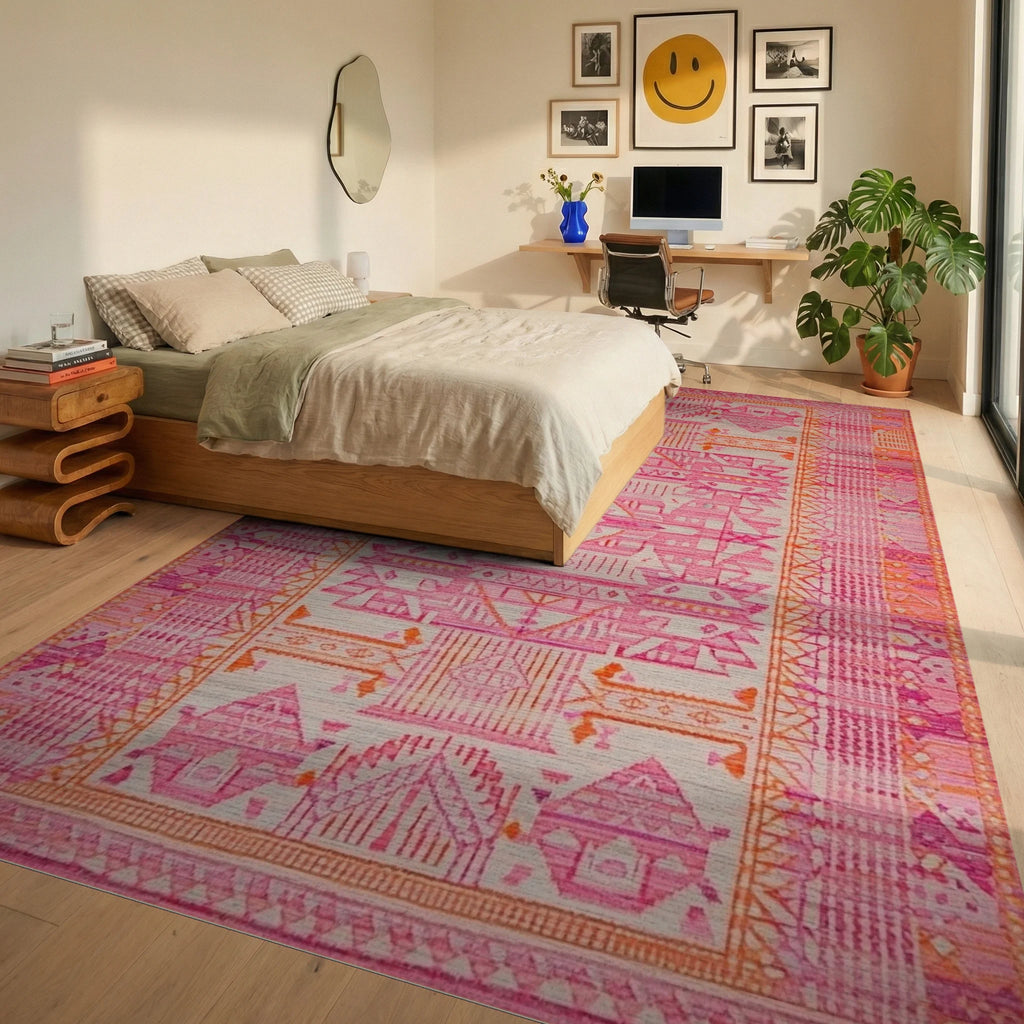 Pink Orange Tribal Geometric Medallion Rug - Bedroom View