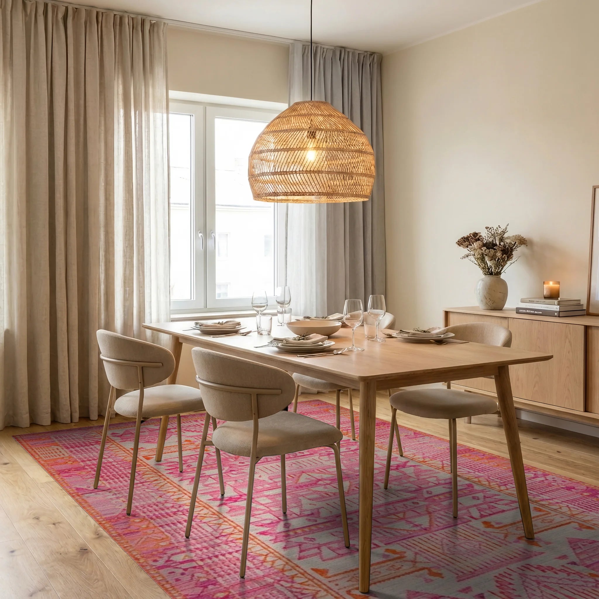 Pink Orange Tribal Geometric Medallion Rug - Dining Room View