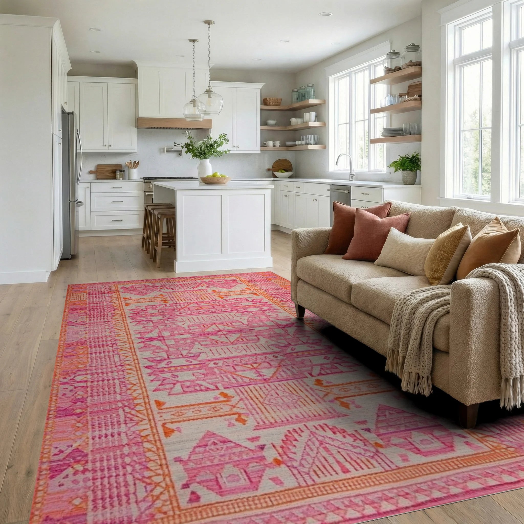 Pink Orange Tribal Geometric Medallion Rug - Living Room View