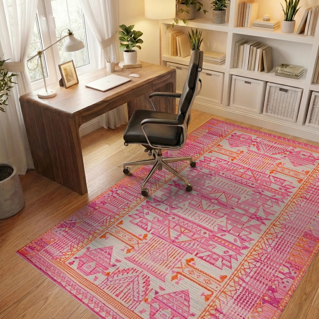 Pink Orange Tribal Geometric Medallion Rug - Office View