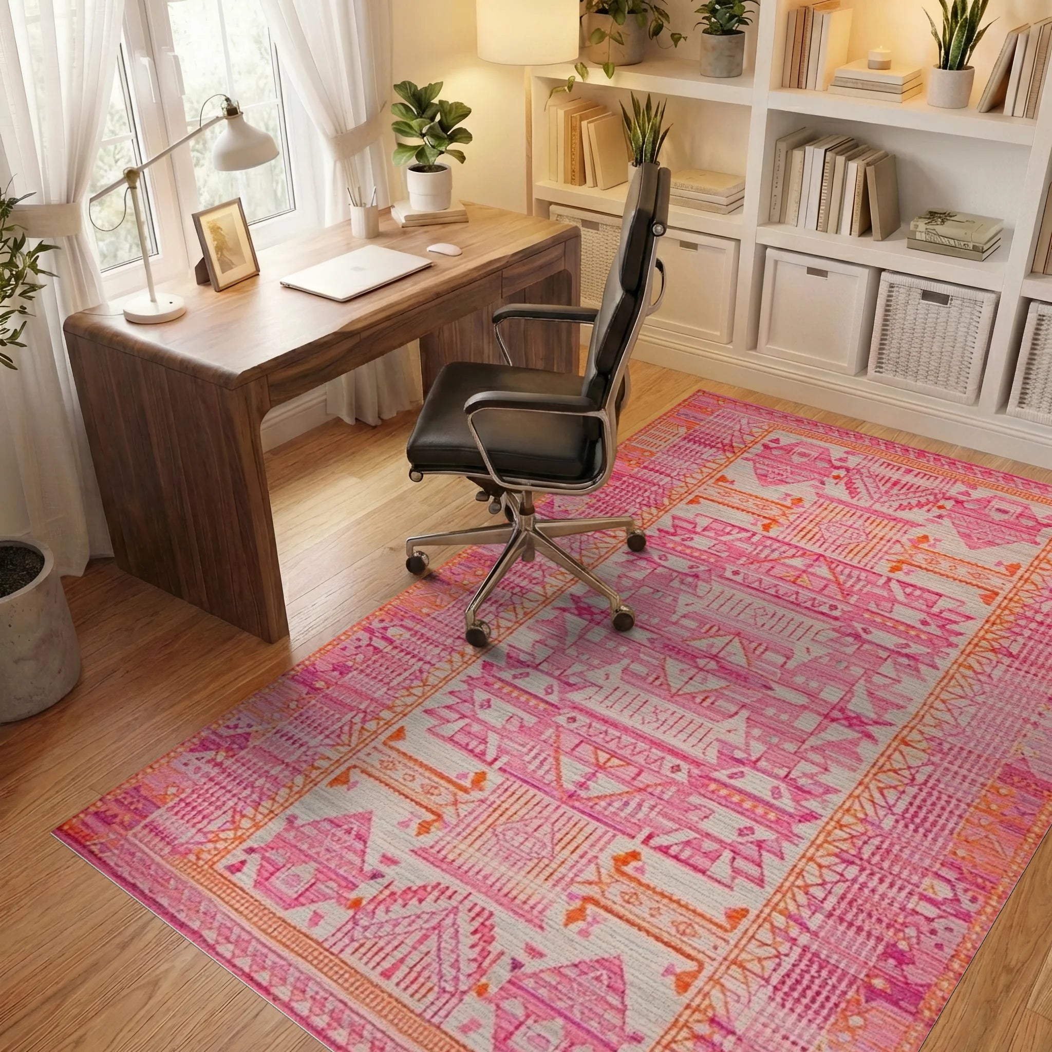 Pink Orange Tribal Geometric Medallion Rug - Office View