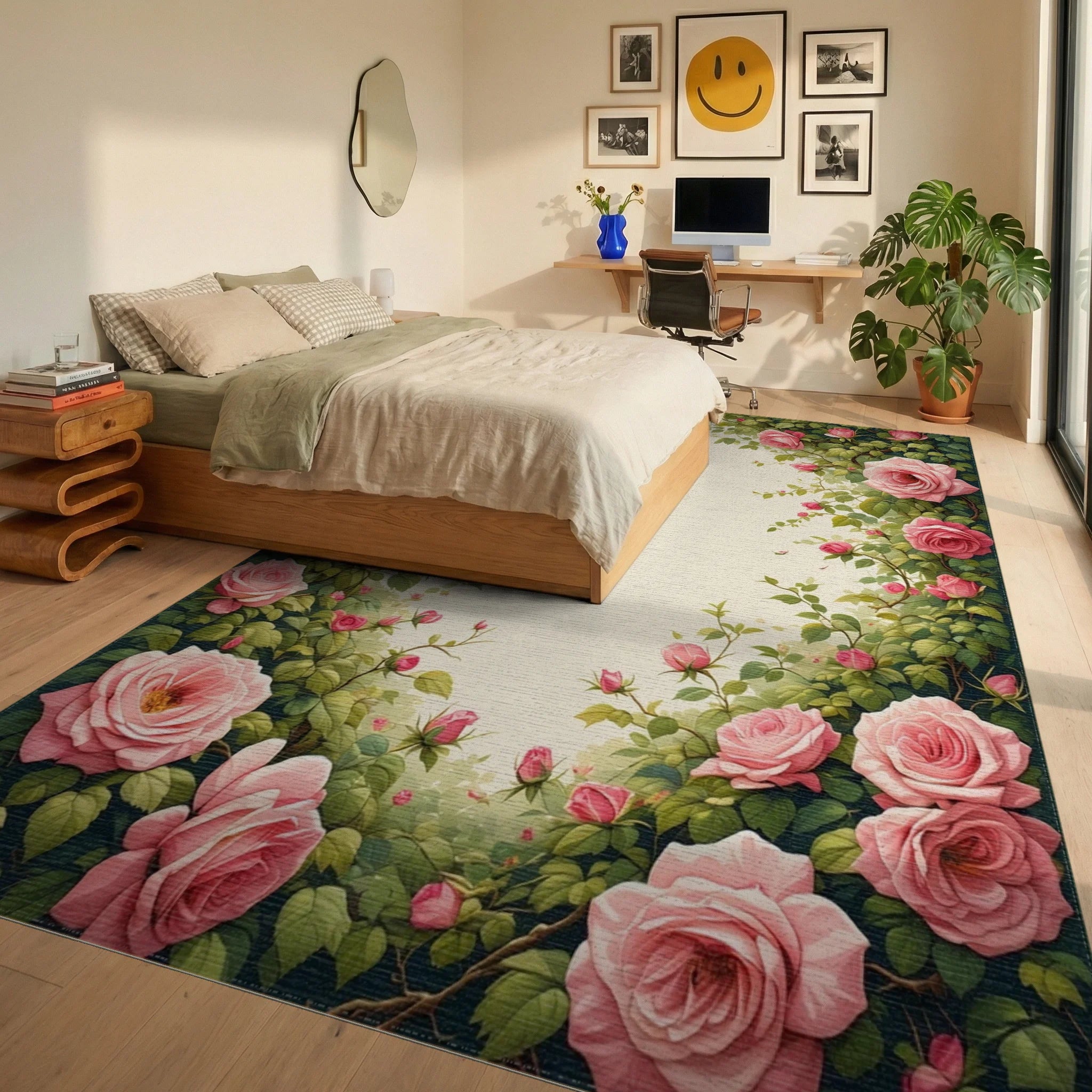 Pink Rose Garden Vine Pattern Rug Bedroom View