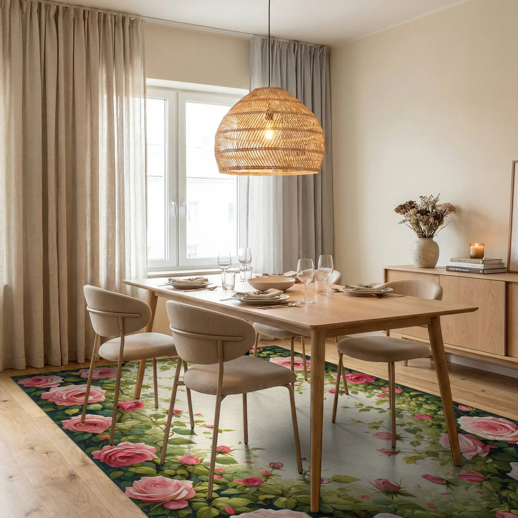 Pink Rose Garden Vine Pattern Rug Dining Room View