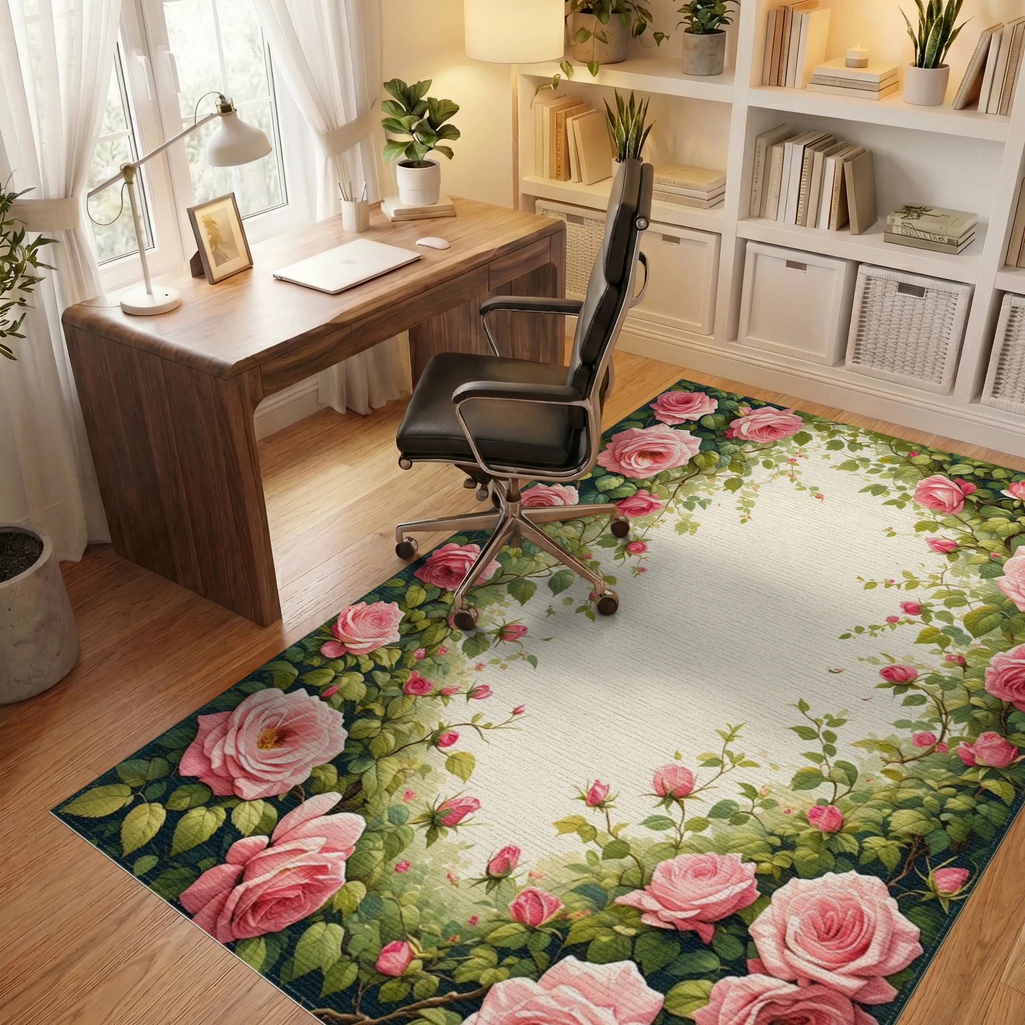 Pink Rose Garden Vine Pattern Rug Office View