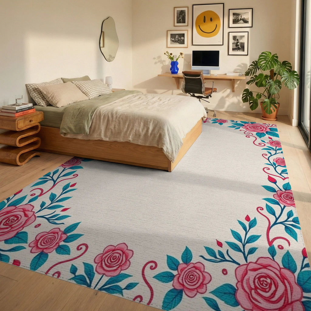 Pink Rose Teal Leaf Flourish Rug Bedroom View