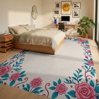 Pink Rose Teal Leaf Flourish Rug Bedroom View