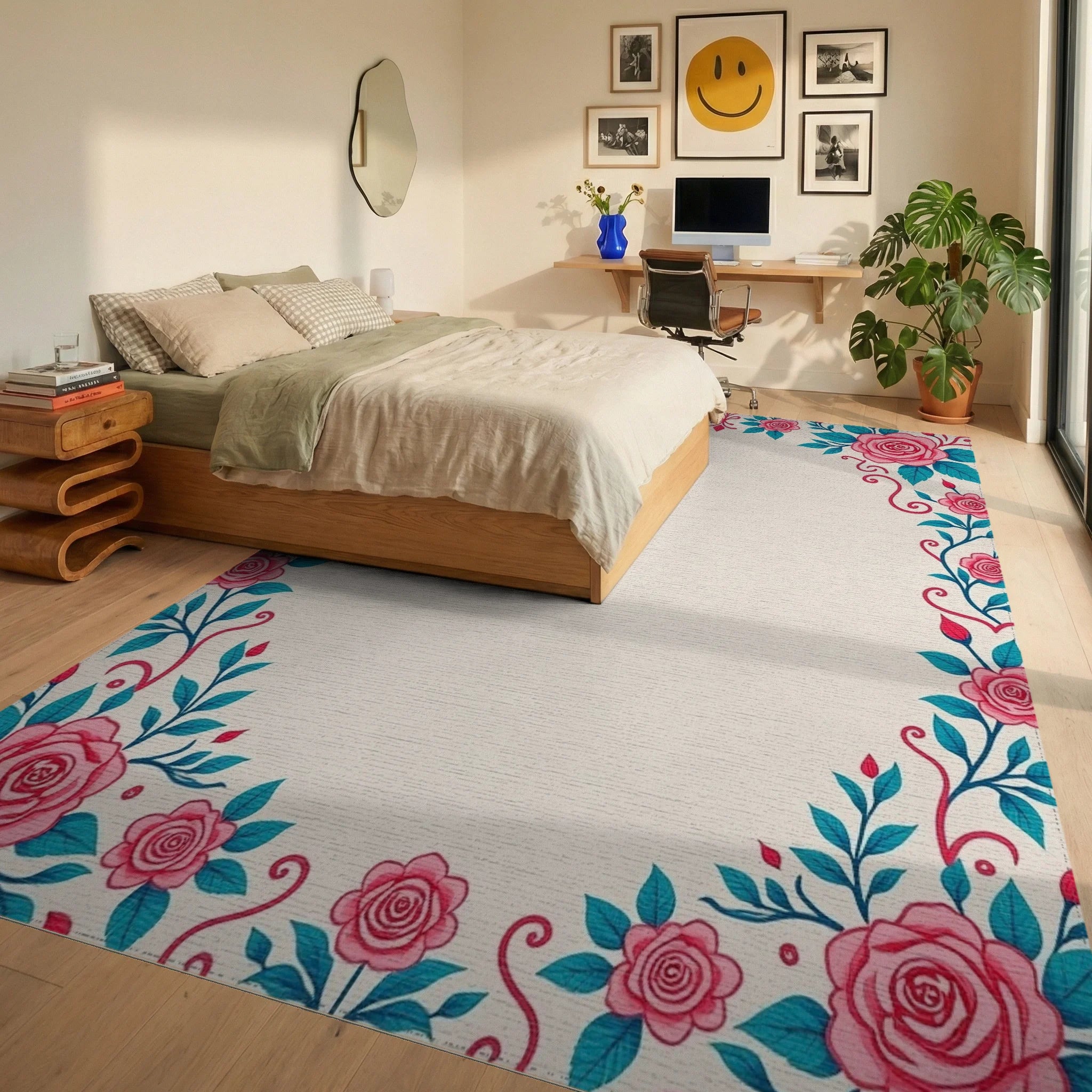 Pink Rose Teal Leaf Flourish Rug Bedroom View