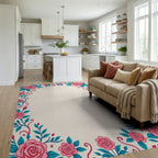 Pink Rose Teal Leaf Flourish Rug Living Room View