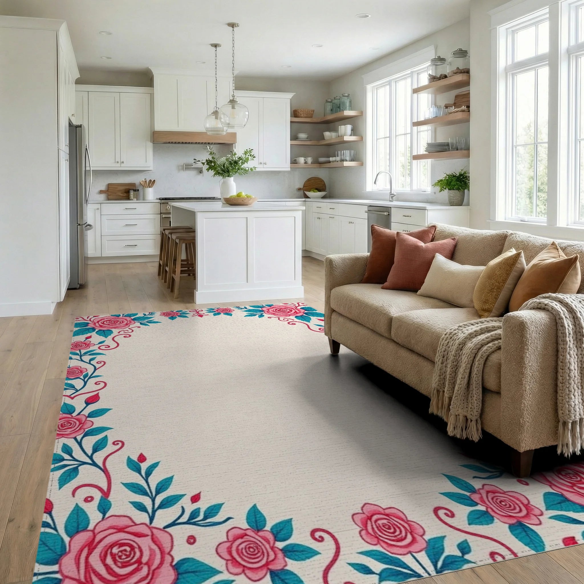 Pink Rose Teal Leaf Flourish Rug Living Room View