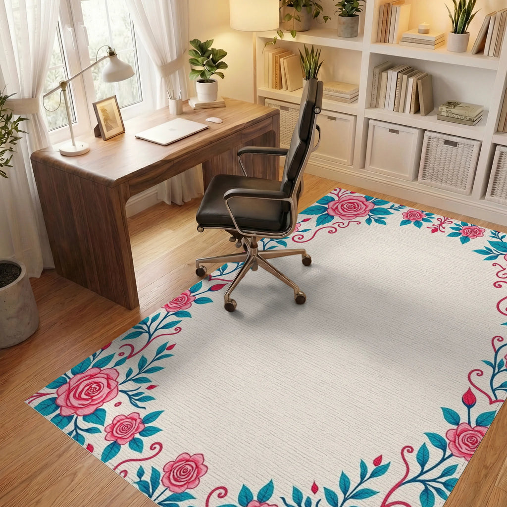 Pink Rose Teal Leaf Flourish Rug Office View