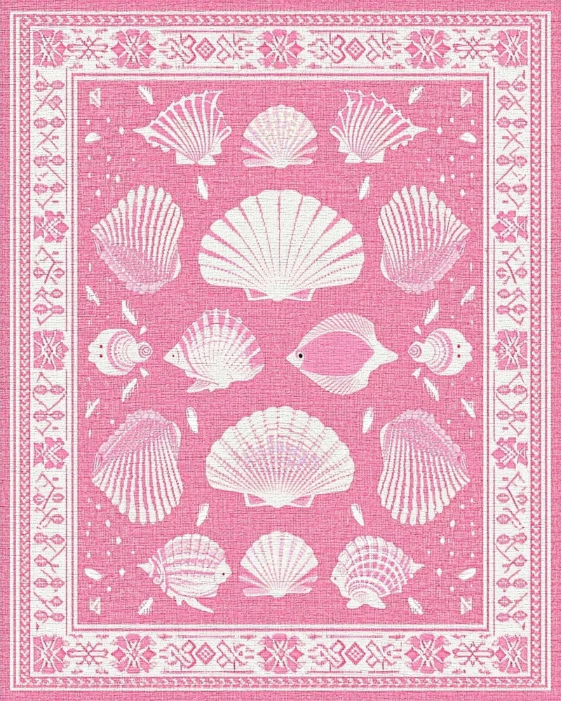 Pink Seashell Fish Border Rug - Cutout View