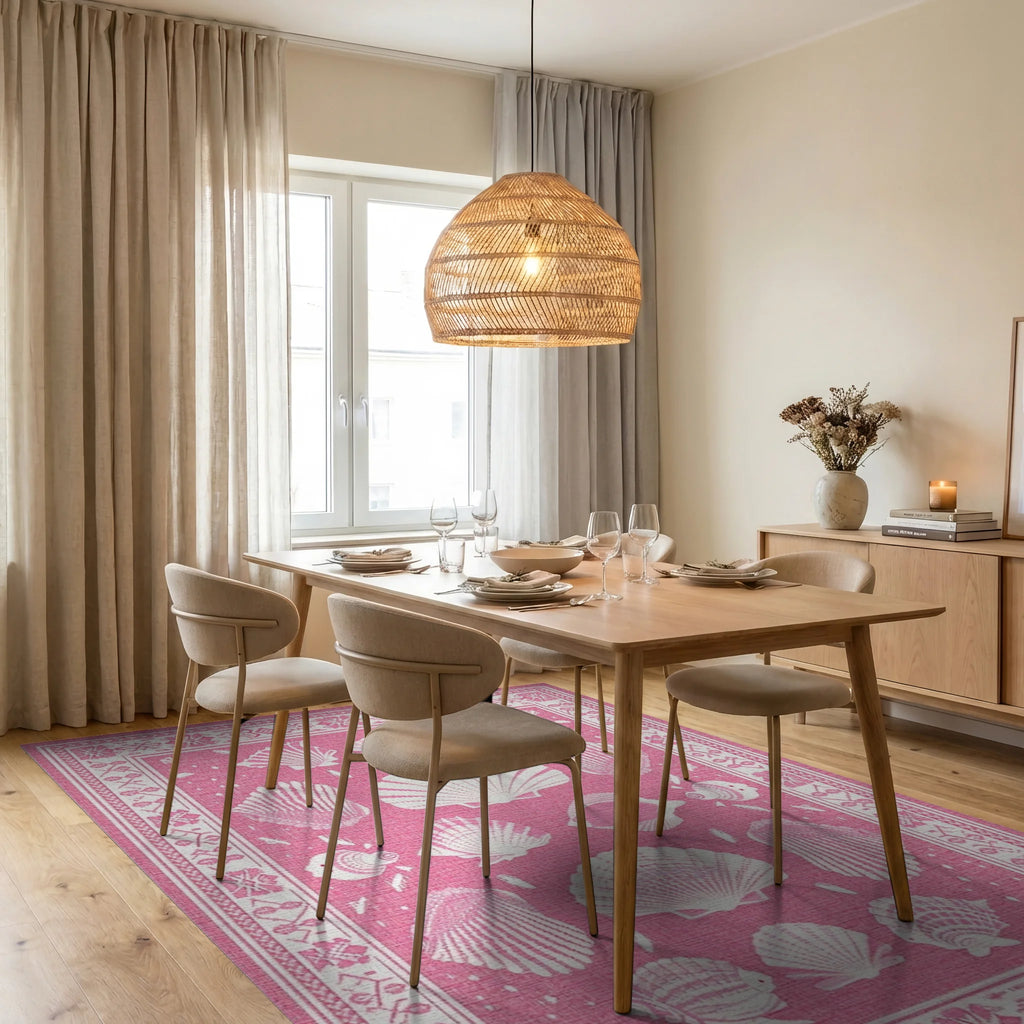 Pink Seashell Fish Border Rug Dining Room View