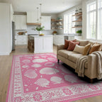 Pink Seashell Fish Border Rug Living Room View