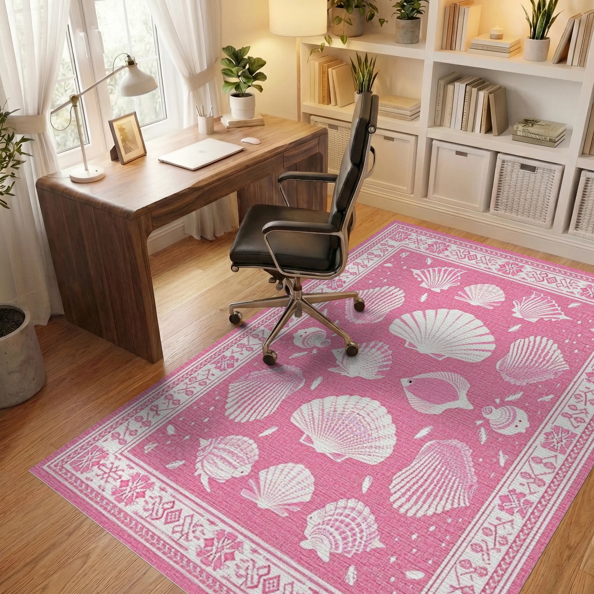 Pink Seashell Fish Border Rug Office View
