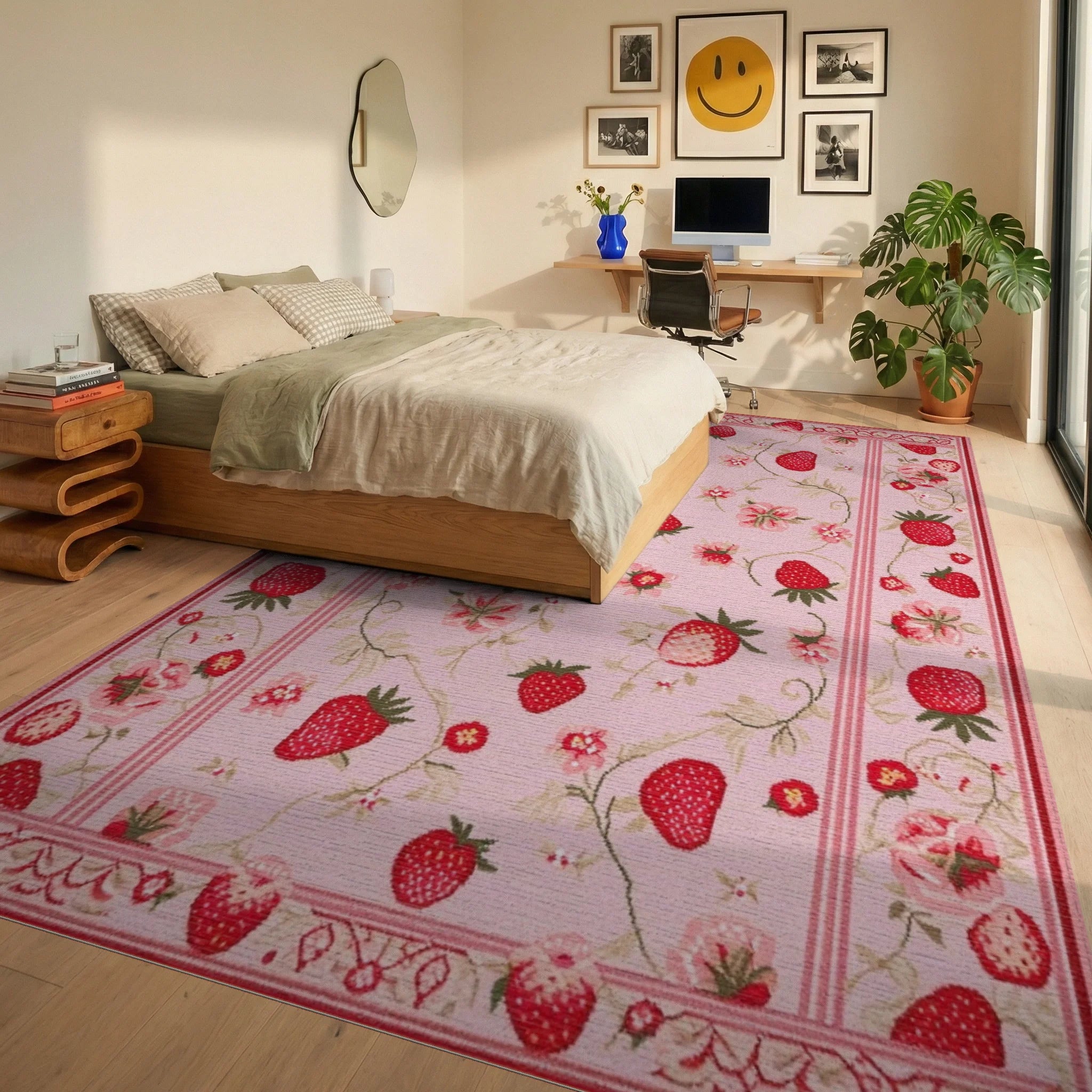 Pink Strawberry Floral Vine Rug - Bedroom View