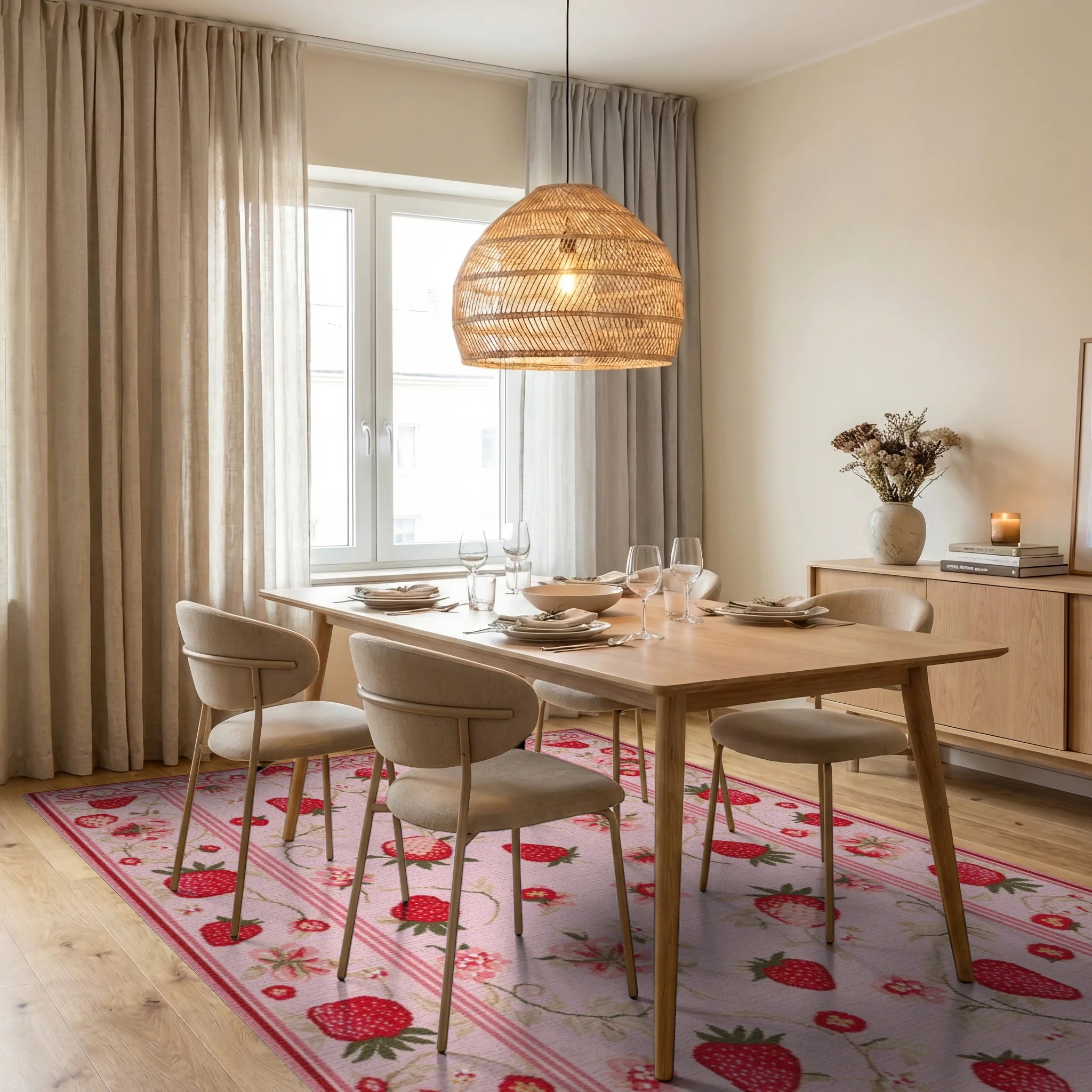 Pink Strawberry Floral Vine Rug - Dining Room View