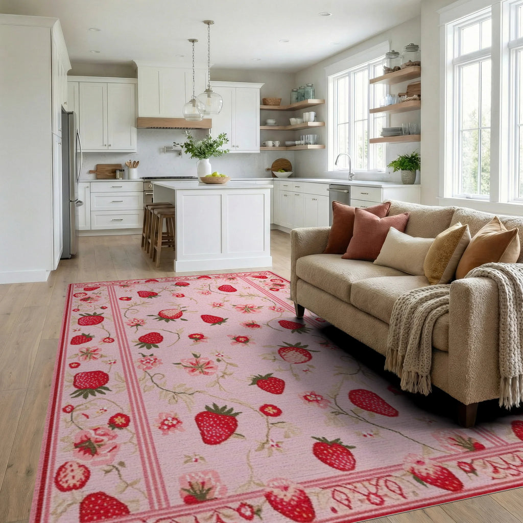 Pink Strawberry Floral Vine Rug - Living Room View