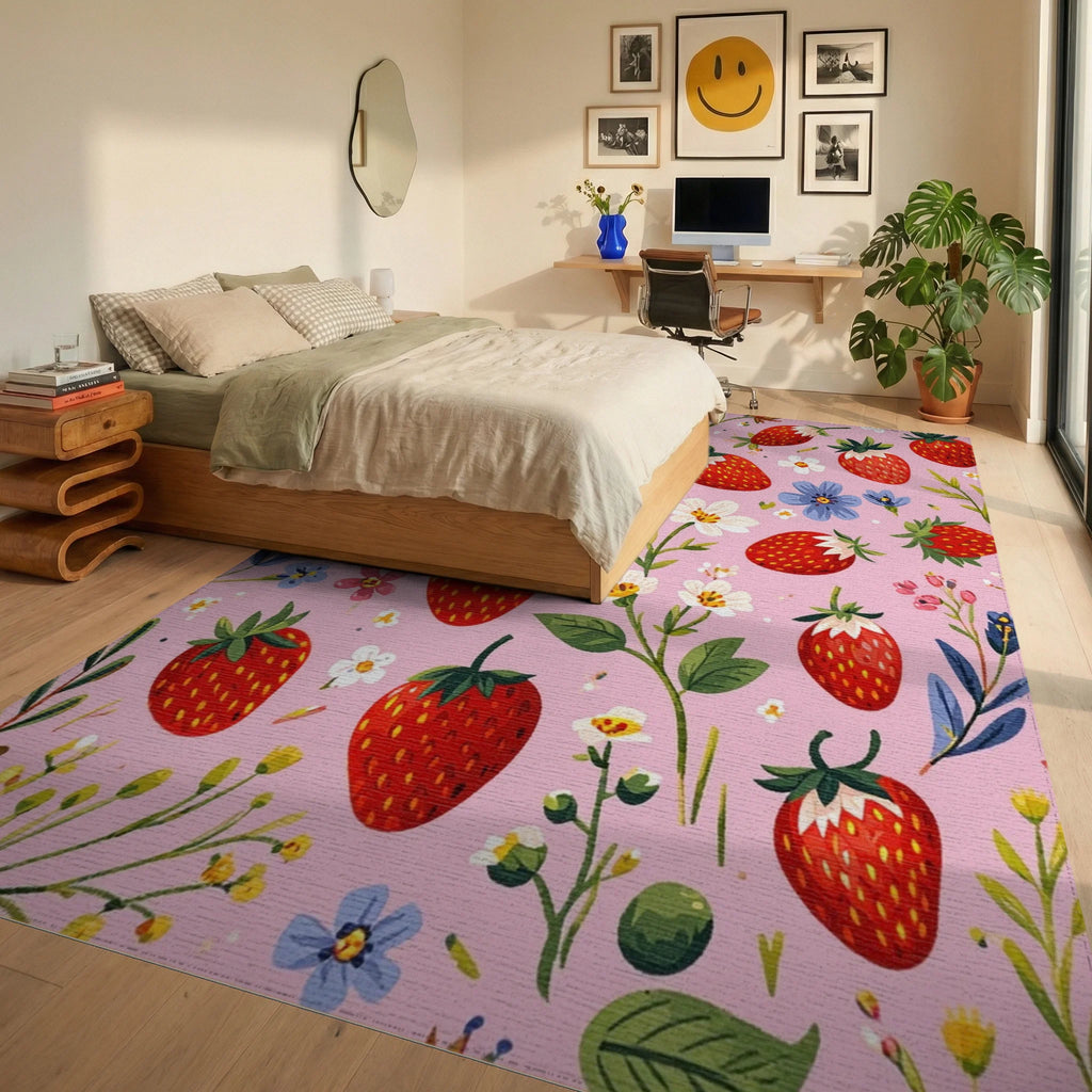 Pink Strawberry Floral Whimsical Rug Bedroom View