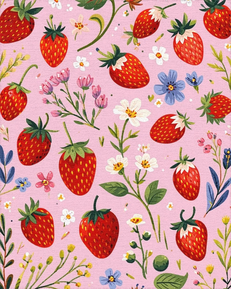 Pink Strawberry Floral Whimsical Rug - Cutout View