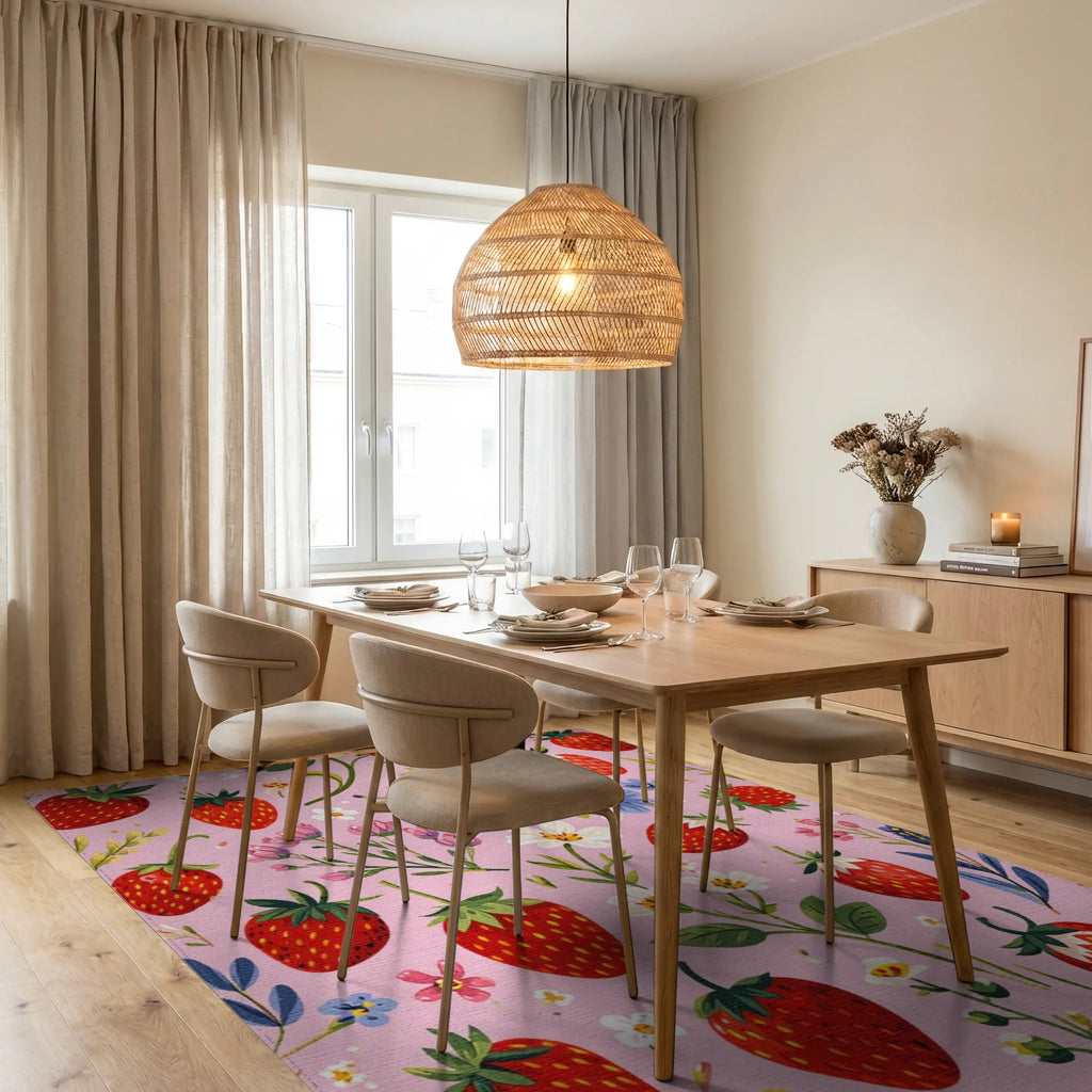 Pink Strawberry Floral Whimsical Rug Dining Room View