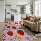 Pink Strawberry Floral Whimsical Rug Living Room View
